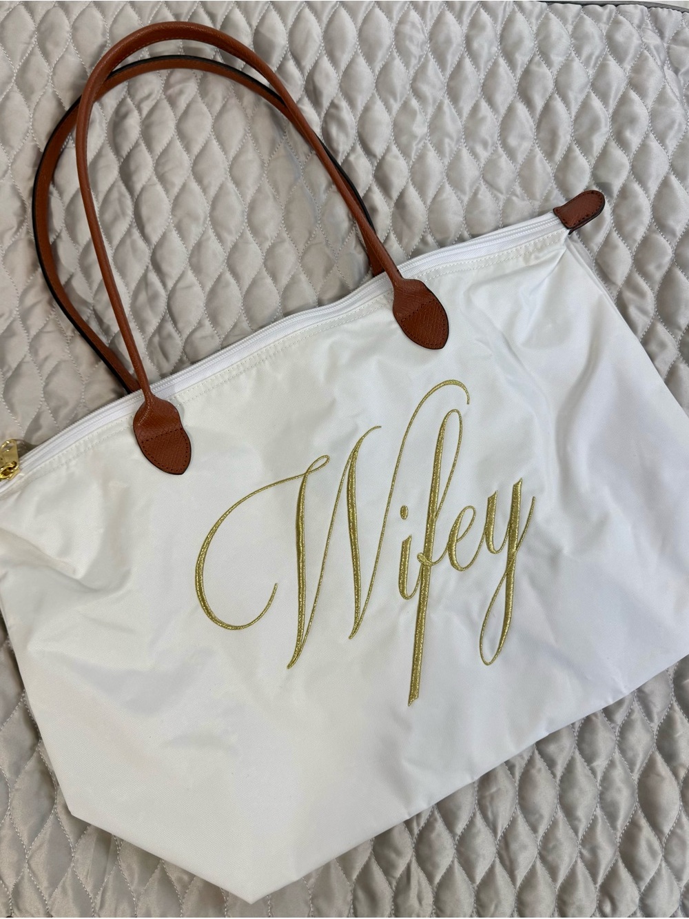 Wifey White Tote with Brown Handles/ Wifey Travel Tote | It Girl Weekender |